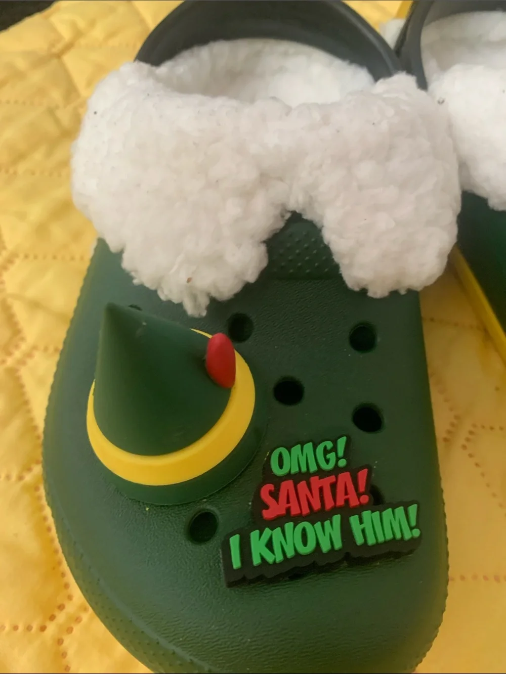 CROCS Kids Green Elf-Themed Clogs with White Sherpa Lining